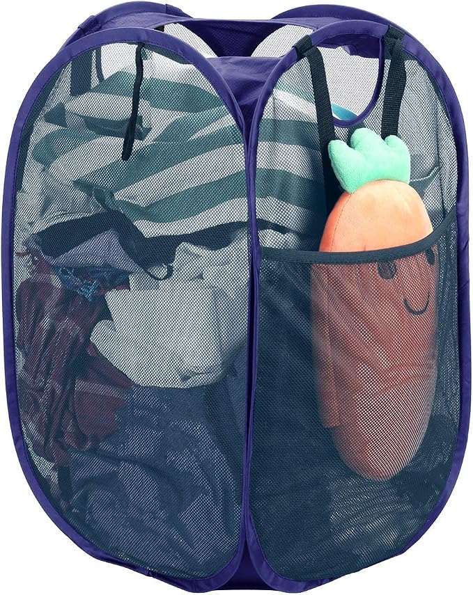 HOUSE AGAIN [Reinforced] Strong Mesh Pop-up Laundry Hamper, Quality Collapsible Laundry Basket with Durable Handles Solid Bottom High Carbon Steel Frame, Easy to Open and Fold Flat for Storage(Blue)