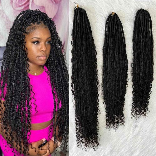 Boho Locs Crochet Braids Pre Looped With Human Hair Extensions Curly Ends Deep Wave Goddess Soft Locs Box Knotless Braids Hair Synthetic Dreadlocks Braiding for Women CHARMING YOU 26 Inch 24Strands