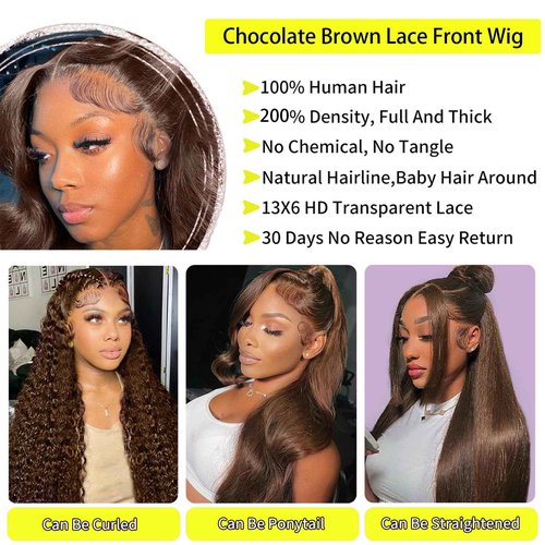 UYGLJK 13x6 Chocolate Brown Lace Front Wig HumanHair HD Transparent Pre Plucked Glueless Frontal 26 Inch Brown Wig Human Hair 200% Density