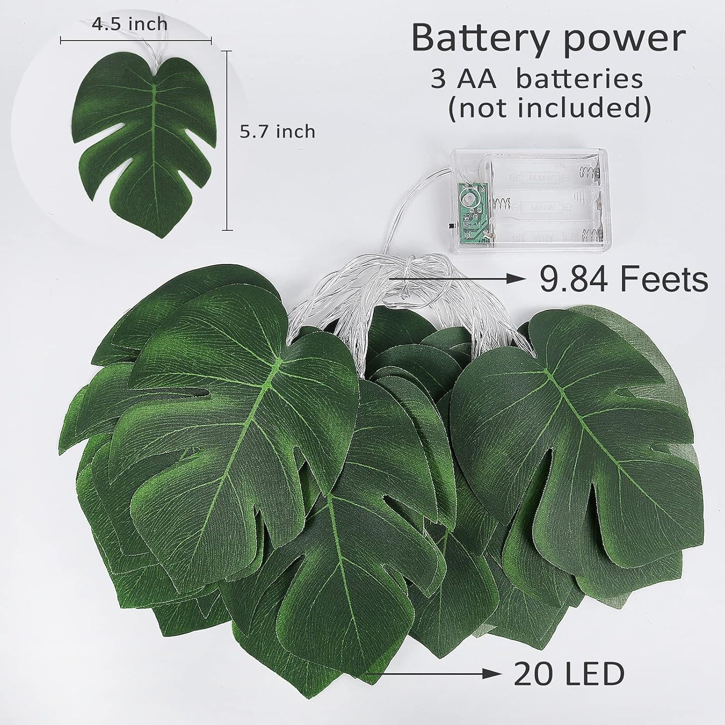 RECUTMS 20LED Monstera Leaf String Lights, Tropical Artificial Rattan Palm Leaves Wall Hanging Vine Greenery,Summer Decorations for Outdoor Indoor Hawaiian Luau Jungle Beach Theme Party Table Home