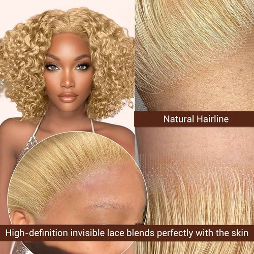 FABA Glueless Wigs Human Hair Pre Plucked Pre Cut Bob Blonde Curly Wig 7x5 Honey Blonde Deep Wave Wig Human Hair 180% Density Short Curly 10 Inch