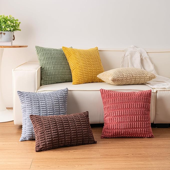 Aegero Pack of 2 Corduroy Decorative Throw Pillow Covers 12x20 Inch Soft Striped Pillow Covers Modern Farmhouse Home Decor for Sofa Living Room Couch Bed（Coffee）