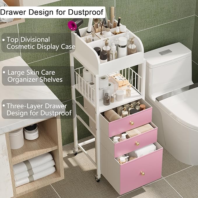 Makeup Organizer Cart with Drawers, Make up Organizers for Vanity, Floor Skincare Organizers- for Cosmetics, Nail Polish, Art Supply, Bathroom Vanity Desktop Organizer (White)