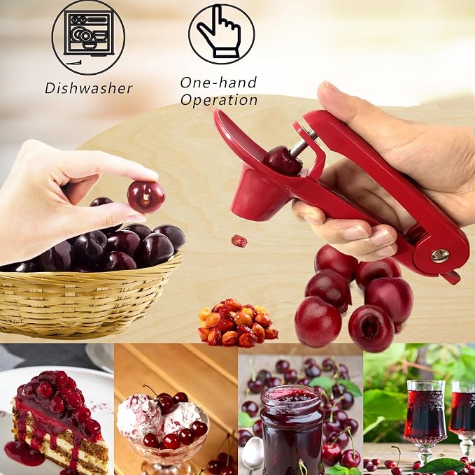 Cherry Pitter Tool, Heavy-Duty Stainless Steel Pitting Tool, Portable Cherries Corer Stoner Seed Tool with Lock Design, Fruit Pit Remover for Cherry Jam (Red)