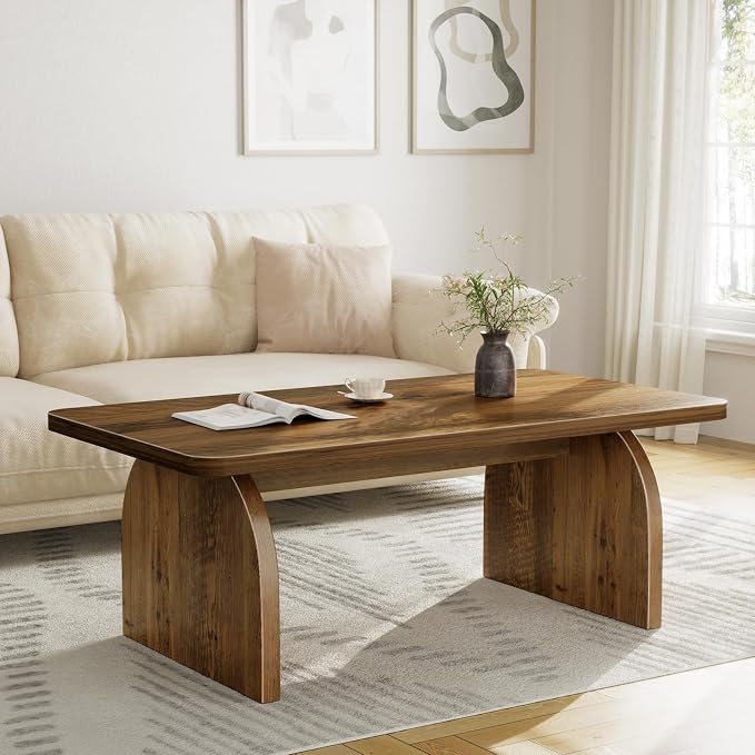 Rustic Coffee Table for Living Room - Farmhouse Oak Wood Rectangle Coffee Table, Solid Real Wooden Brown Center Table Organic Modern