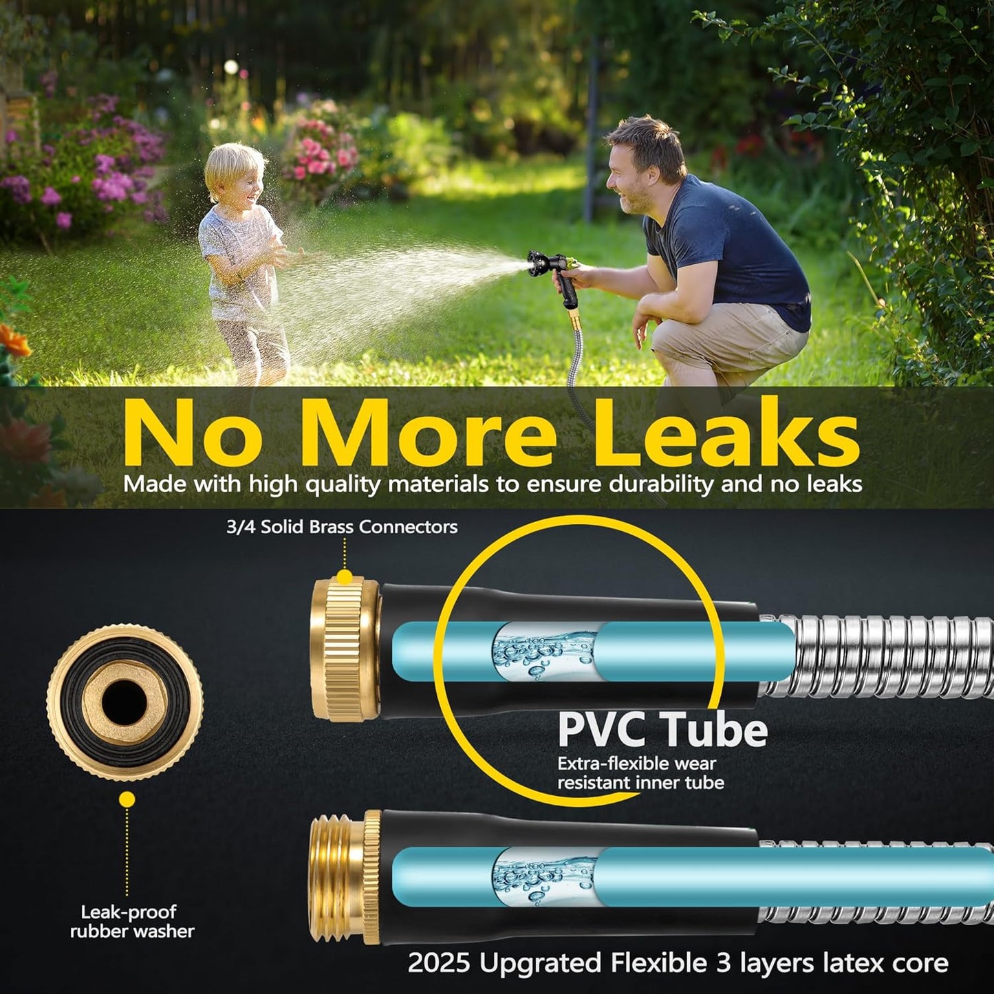 150 ft Stainless Steel Garden Hose - 2025 Upgraded Metal Water hose - Flexible Water Hose Pipe with Latex Core, 3/4" Solid Brass Connectors - No-Expandable Garden Hoses