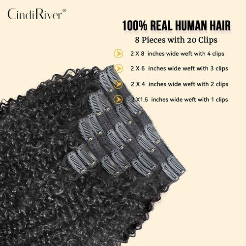 CindiRiver Curly Clip in Hair Extensions,Real Human Hair Afro Kinky Curly Clip in Hair Extensions for Women,Remy Human Curly Clip ins Human Hair 8 Pcs with 20 Clips,18 inch