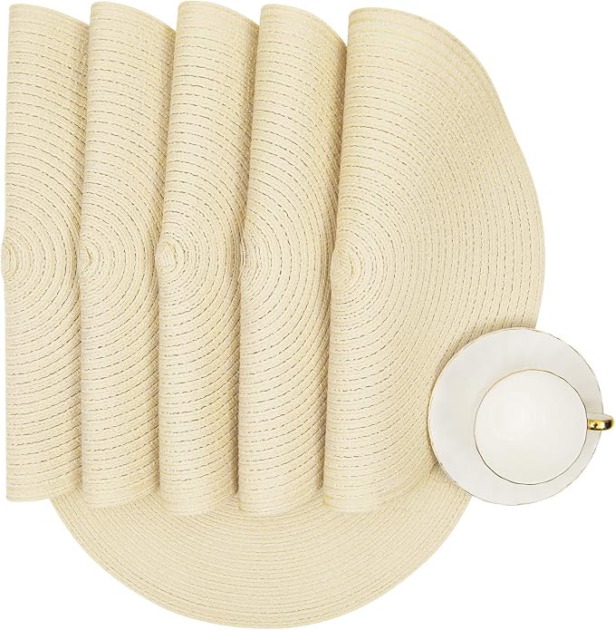 SHACOS Round Braided Placemats Set of 6 Round Table Place Mats for Dining Tables 15 inch (Cream, 6)