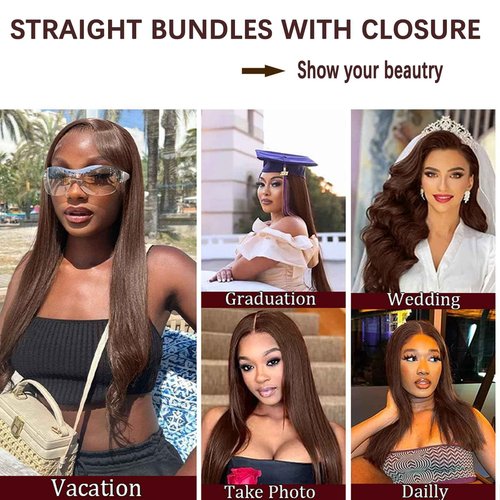 Brown Human Hair Bundles with Closure(12 14 16 with 12 Free) Straight Human Hair 3 Bundles with 4x4 Lace Closure Double Machin Weft Straight Chocolate Brown Human hair