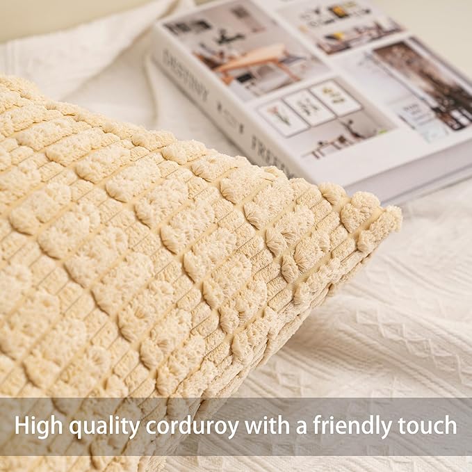 Aegero Pack of 2 Corduroy Decorative Throw Pillow Covers 24x24 InchSoft Striped Pillow Covers Modern Farmhouse Home Decor for Sofa Living Room Couch Bed（Beige）