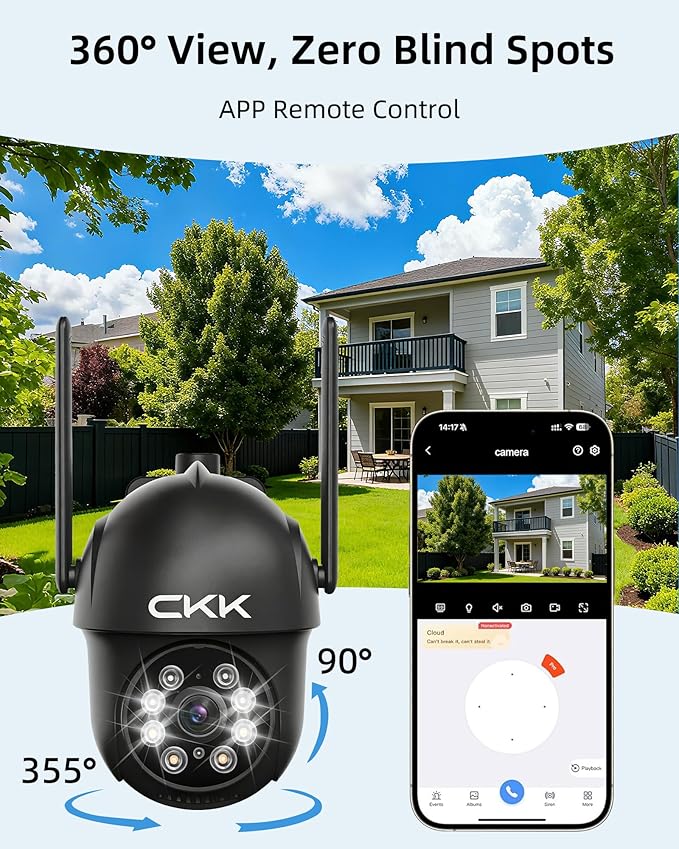 CKK 2K Security Camera Outdoor Corded Power, 4 Pcs 3MP PTZ WiFi Home Security Camera - 2.4G/5G Dual-Band, 360° Pan-Tilt, Color Night Vision, Motion Alerts, 2-Way Audio, 24/7 Recording, Waterproof