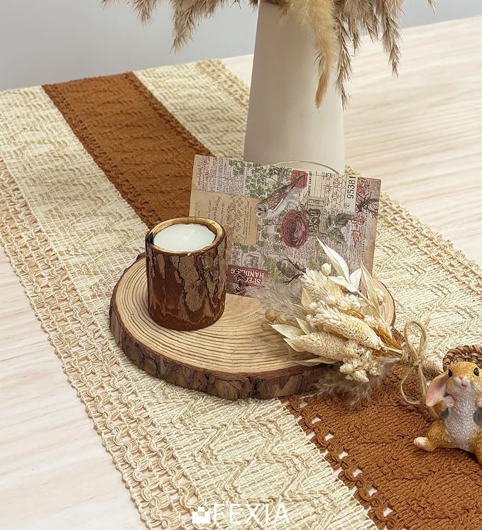 FEXIA Boho Table Runner 48 Inches Long Macrame Summer Decor Coffee Table Cover Farmhouse Stylewith Tassels for Party Bohemian Rustic Wedding Bridal Shower Dining Room Middle Brown (12x48 Inches)