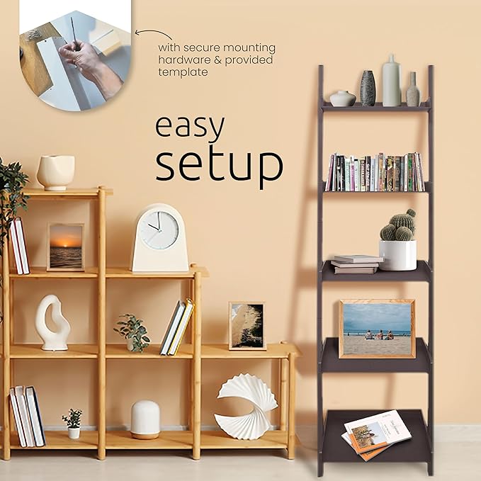 Kiera Grace Providence Hadfield 5 Tier Ladder Shelf, Leaning Bookshelf Storage Rack for Home, Office, 18" x 67", Cloud Grey