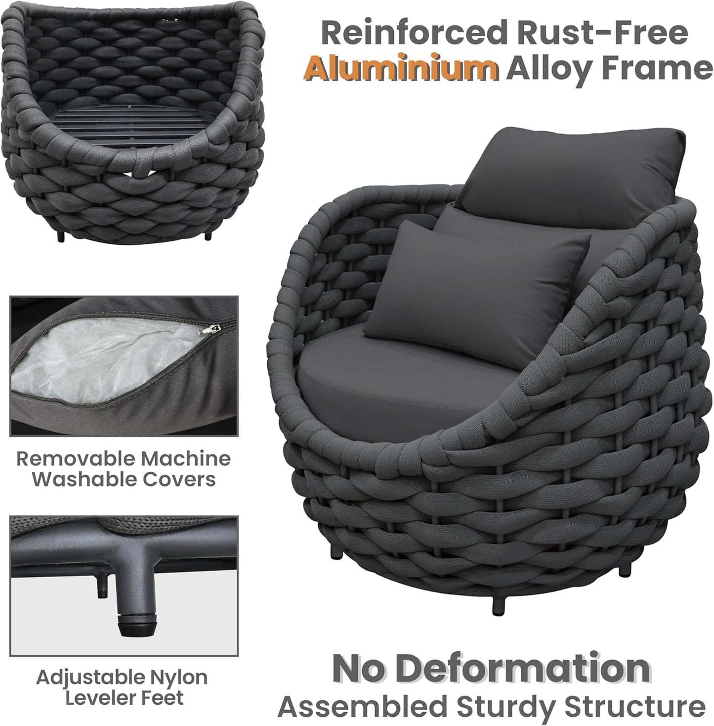 4 Pieces Courtyard Seating Set: Aluminum Woven Rope Patio Furniture Chair Set - All Weather Metal Outdoor Conversation Set - Assembled Armchair w/Table for Bistro Deck Porch Balcony, Dark Grey