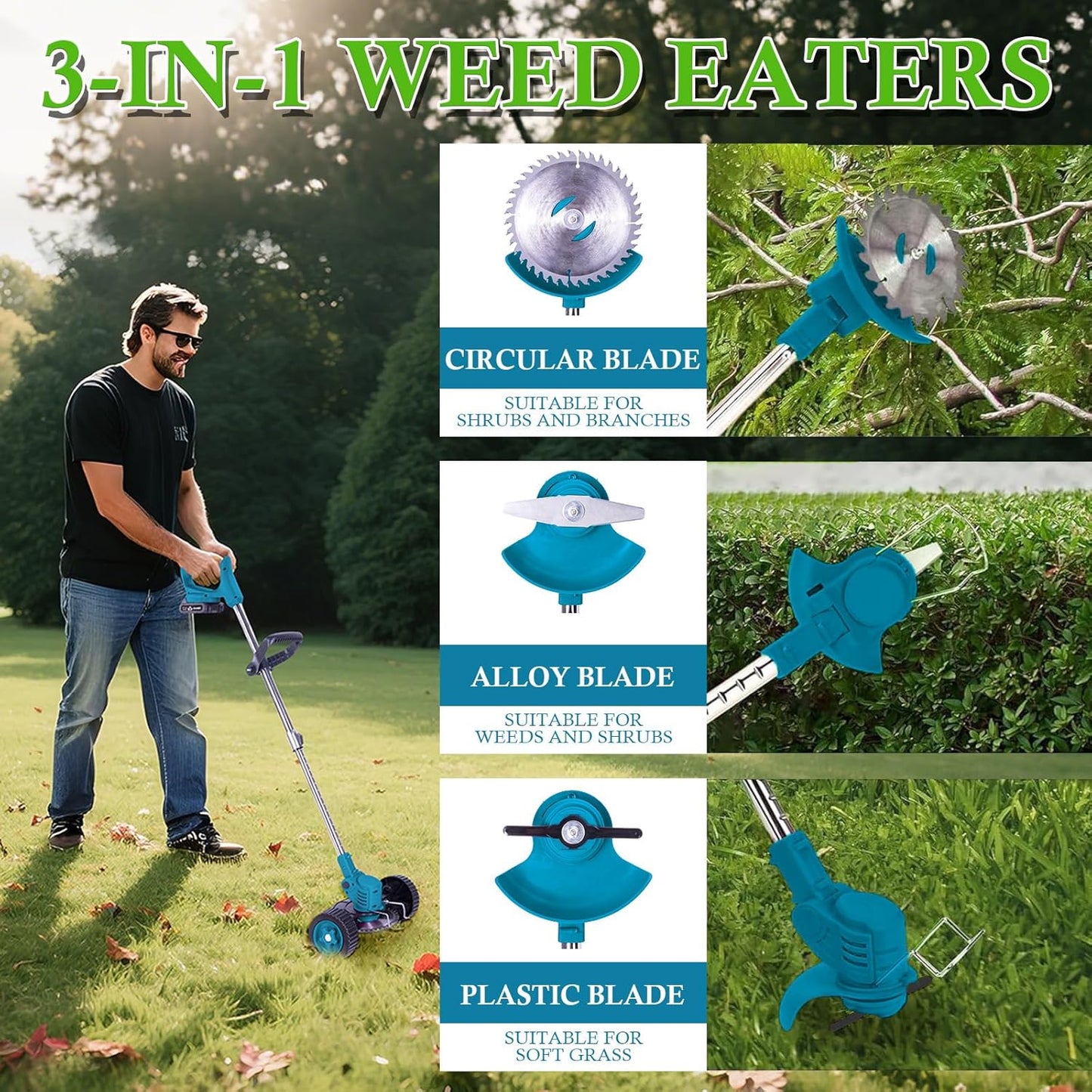 Weed Wacker Cordless Adjustable Weed Eaters 3 in 1 Electric String Trimmer Lawn with Two Battery with Charger Comes with Multiple Blades for Yard,Green,Garden(Blue)