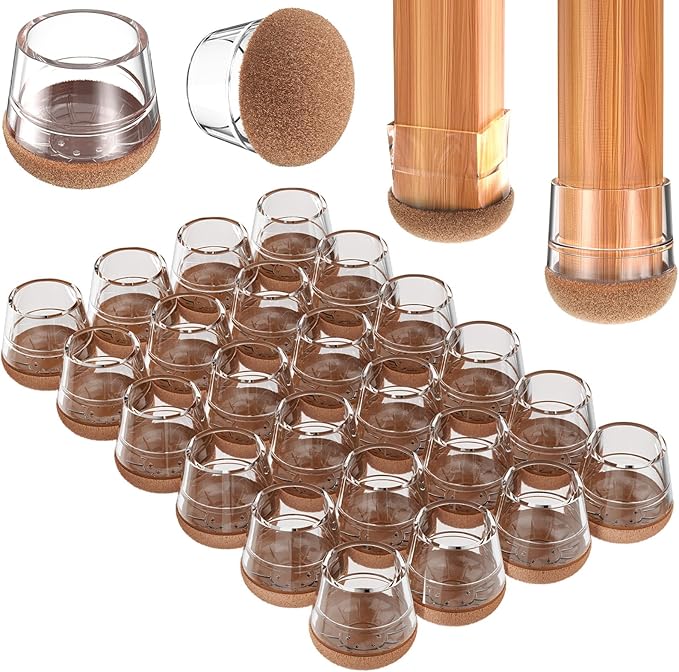 Chair Leg Floor Protectors Large 24Pcs,Silicone Chair Leg Protectors for Hardwood Floors/Tiles,360°Wrapped Felt Bottom to Prevent Scratch and Reduce Noise, Round Clear