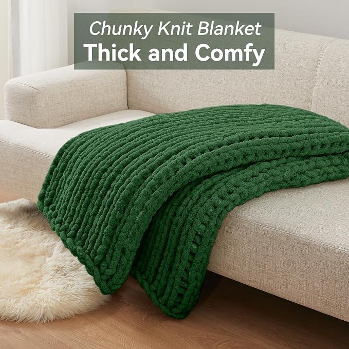 Negwoo Chunky Knit Throw Blanket, 80''*90'' Knitted Throw Chenille Yarn for Bed Couch, Handmade Grass Green Crochet Big Thick Blanket, Machine Washable Cute Comfy Blanket for Home Decor