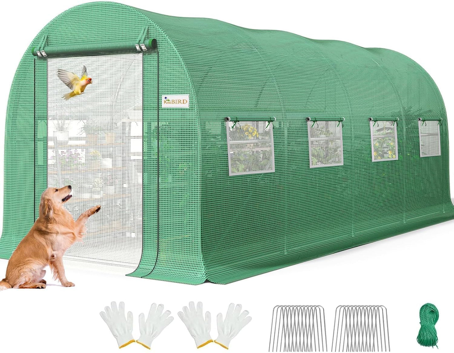 KING BIRD Premium 15x6.6x6.6FT Greenhouse for Outdoors, Large Walk-in Heavy Duty Galvanized Steel Frame, Mesh Door Screen Window Upgraded Zipper Tunnel Hoop for Garden Plant Winter, Green