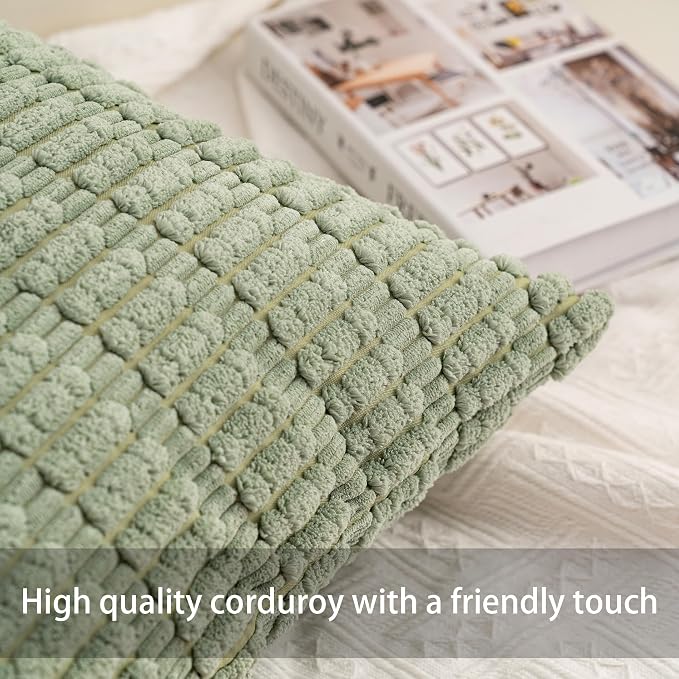 Aegero Pack of 2 Corduroy Decorative Throw Pillow Covers 18x18 InchSoft Boho Striped Pillow Covers Modern Farmhouse Home Decor for Sofa Living Room Couch Bed（Sage Green）