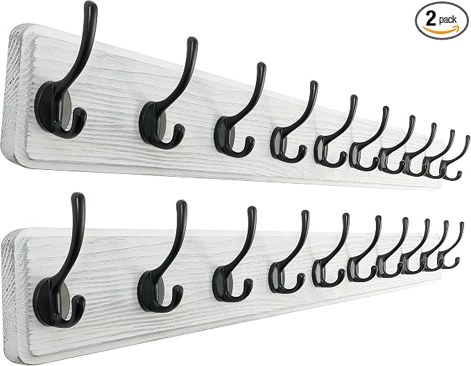 SKOLOO Rustic Wall Mounted Coat Rack, Case of 2, Pine Solid Wood Coat Hook Hanger - 10 Hooks for Hanging Clothes Robes Towels Coats