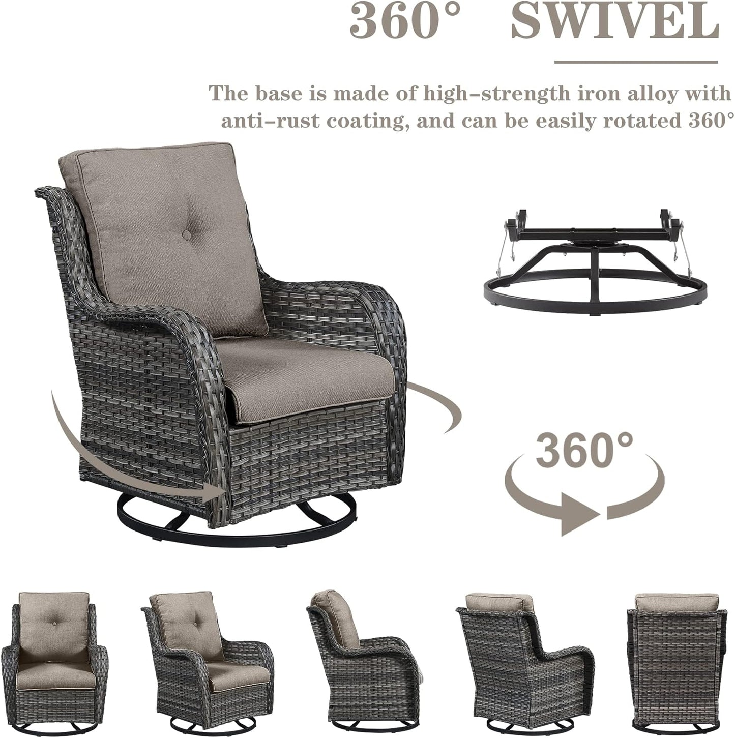 Outdoor Patio Furniture Set with 50000BTU Propane Fire Pit Table, 7 Pieces Wicker Patio Conversation Set with 2 Swivel Glider Rocker Chair Rattan Sofa Grey Cushion Perfect for Casual Gathering