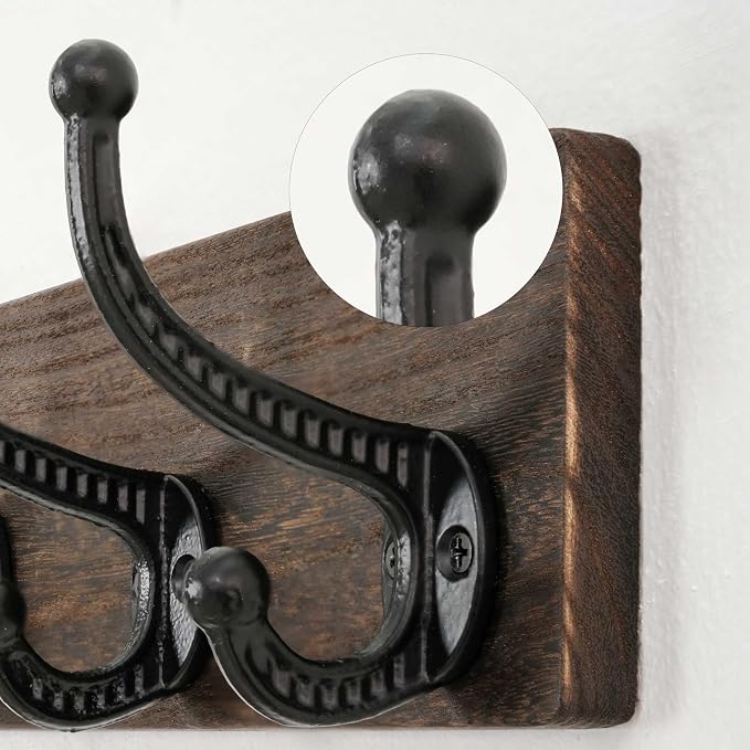 WEBI Rustic Coat Rack Wall Mount,5 Cast Iron Coat Hooks Wall Mounted,Heavy Duty Wood Wall Coat Hanger Hooks for Hanging Coats,Jacket,Clothes,Backpack,Farmhouse,Weathered Brown,2 Packs