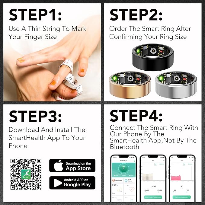 Smart Health Ring for Women Men Fitness Tracker with Heart Rate, Blood Oxygen, Blood Pressure, Sleep Monitoring, Step Counting, IP68 Waterproof for iOS and Android, No APP Fee, Black 7