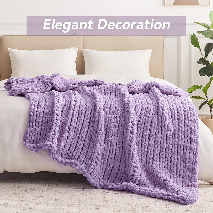 Negwoo Chunky Knit Throw Blanket, 80''*90'' Knitted Throw Chenille Yarn for Bed Couch, Handmade Light Purple Crochet Big Thick Blanket, Machine Washable Cute Comfy Blanket for Home Decor