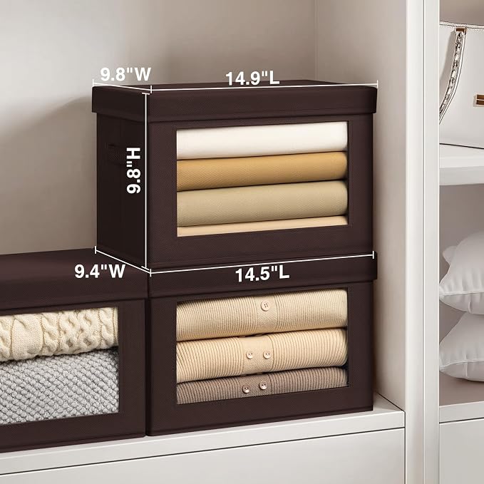 Homsorout Collapsible Storage Bins with Clear Window - Clothes Organizers and Storage, Decorative Boxes with Lid, Fabric Storage Cube, Storage Baskets for shelves, Yarn, Home, Brown, 4-Pack
