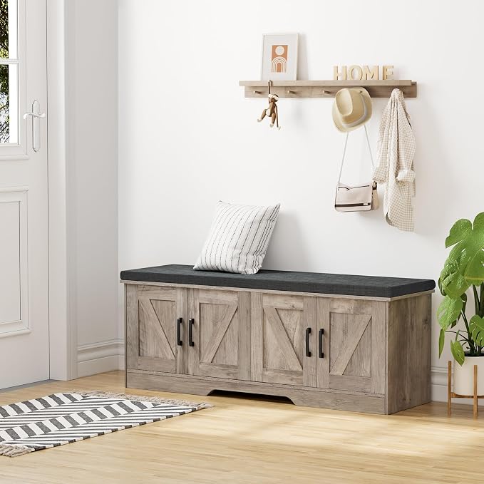 HOMSHO 2-Tier Storage Bench, 47.2" Wide Shoe Bench with Padded Seat Cushion, Entryway Bench with 4 Barn Doors and Adjustable Shelf, Greige