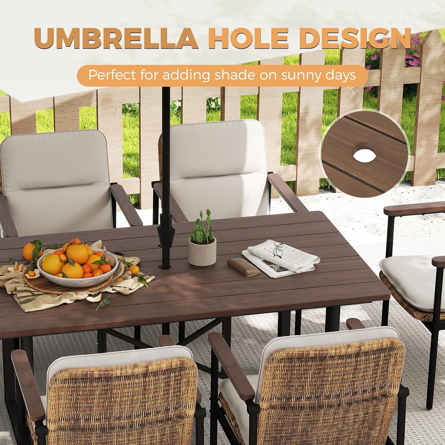 HAPPATIO Outdoor Acacia Wood Dining Table, 6-Person Patio Dining Table with Powder-Coated Aluminum Frame, Rectangle Outdoor Dining Table with Umbrella Hole for Deck Yard Garden