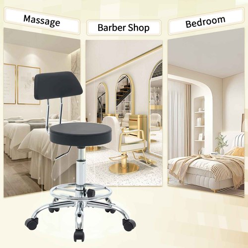 FIRAVOE Rolling Stool with Back,Adjustable Height Foot Rest Rolling Salon Chair 19.5"-26.6",Black Ergonomic Stool (Black)