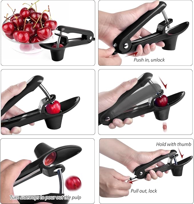 Cherry Pitter, Brighoot Stainless Steel Cherry Pitter Tool Cherries Corer with Lock Design for Making Cherry Jam, Remove Cherry Seed with Space/Safe/Quick (Black)