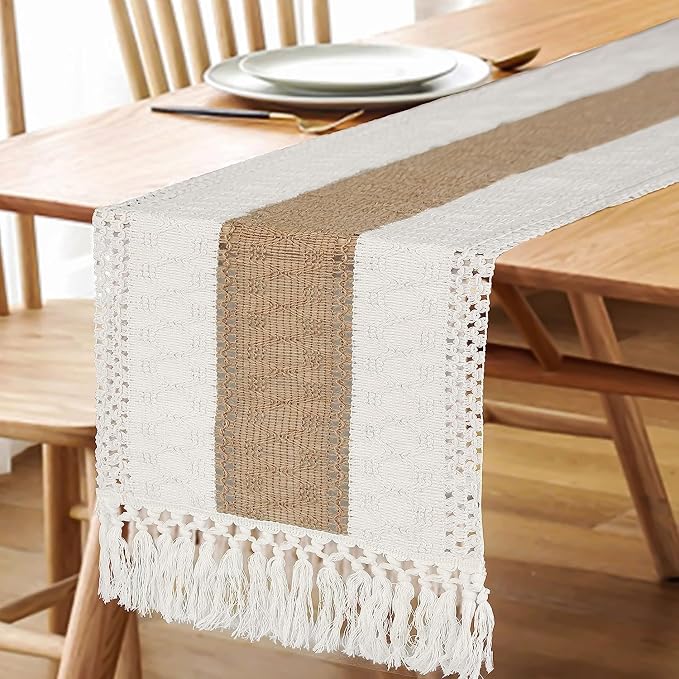 FEXIA Boho Table Runner for Summer Home Coffee Decor with Tassels 60 Inches Long Farmhouse Rustic Table Cloth Cream & Brown Macrame for Kitchen Dining Bedroom Decor Bridal Shower (12x60 Inches)
