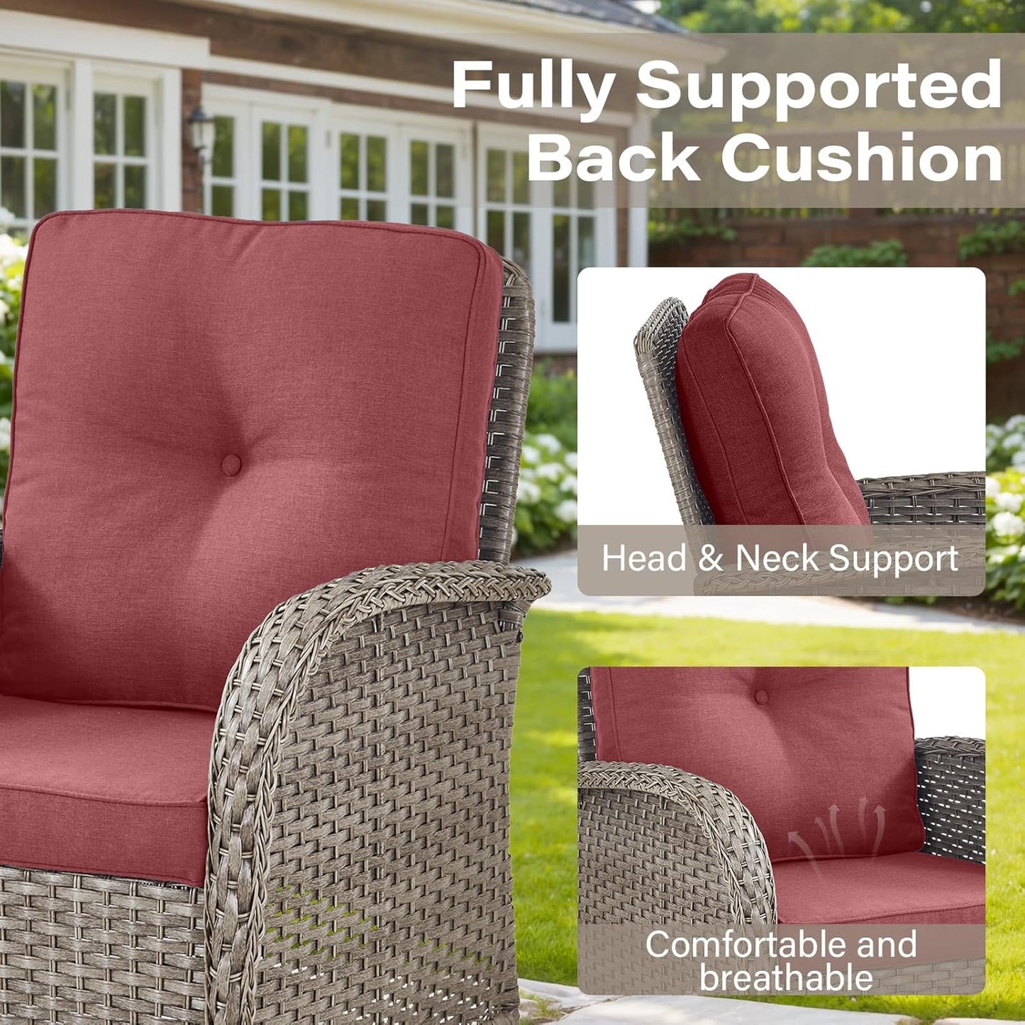 7-Piece Modern Gray Wicker Patio Conversation Set - 4 Swivel Glider Chairs & 50,000 BTU Propane Fire Table