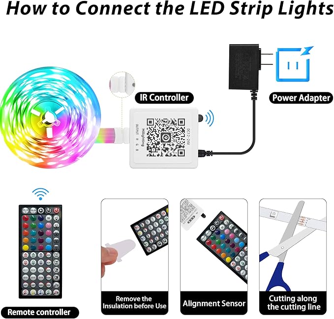 GANZQH Led Lights for Bedroom 100ft (1 Roll) Music Sync, Color Changing Led Strip Lights with Remote and App Control, RGB Led Lights for Room, Christmas, Home Decor, White, GAN-rgb005-3