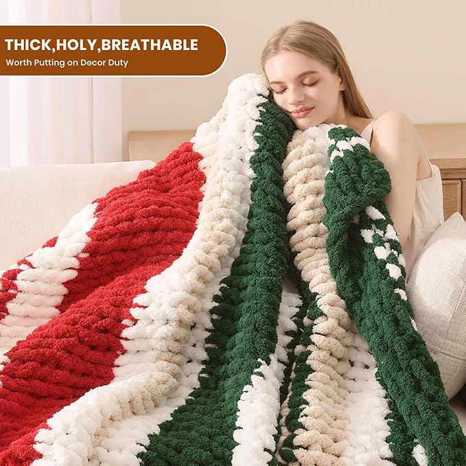 L'AGRATY Chunky Knit Blanket Throw: 50''x60'' Chenille Chunky Knitted Throw Blankets for Bed Couch - Handmade Thick Cable Knit Blanket - Large Crochet Rope Blankets for Home Decor