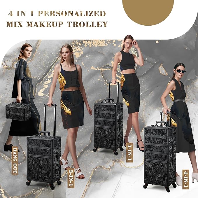 Stagiant Rolling Makeup Case Cosmetology Case on Wheels 4 in 1 Makeup Travel Case Extra Large Cosmetic Box with Key Make Up Artist Traveling Storage Nail Case Salon Barber Cart Trunk Alpine Black