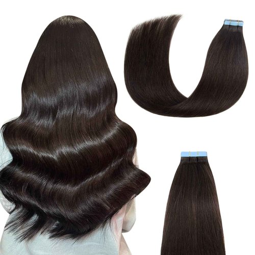 AGMITY Tape in Hair Extensions Real Human Hair Natural Black 22 inches 20pcs 50g/pack Invisible Straight Seamless Skin Weft Hair Extensions Tape in Remy(22 inches #1B Off Black)