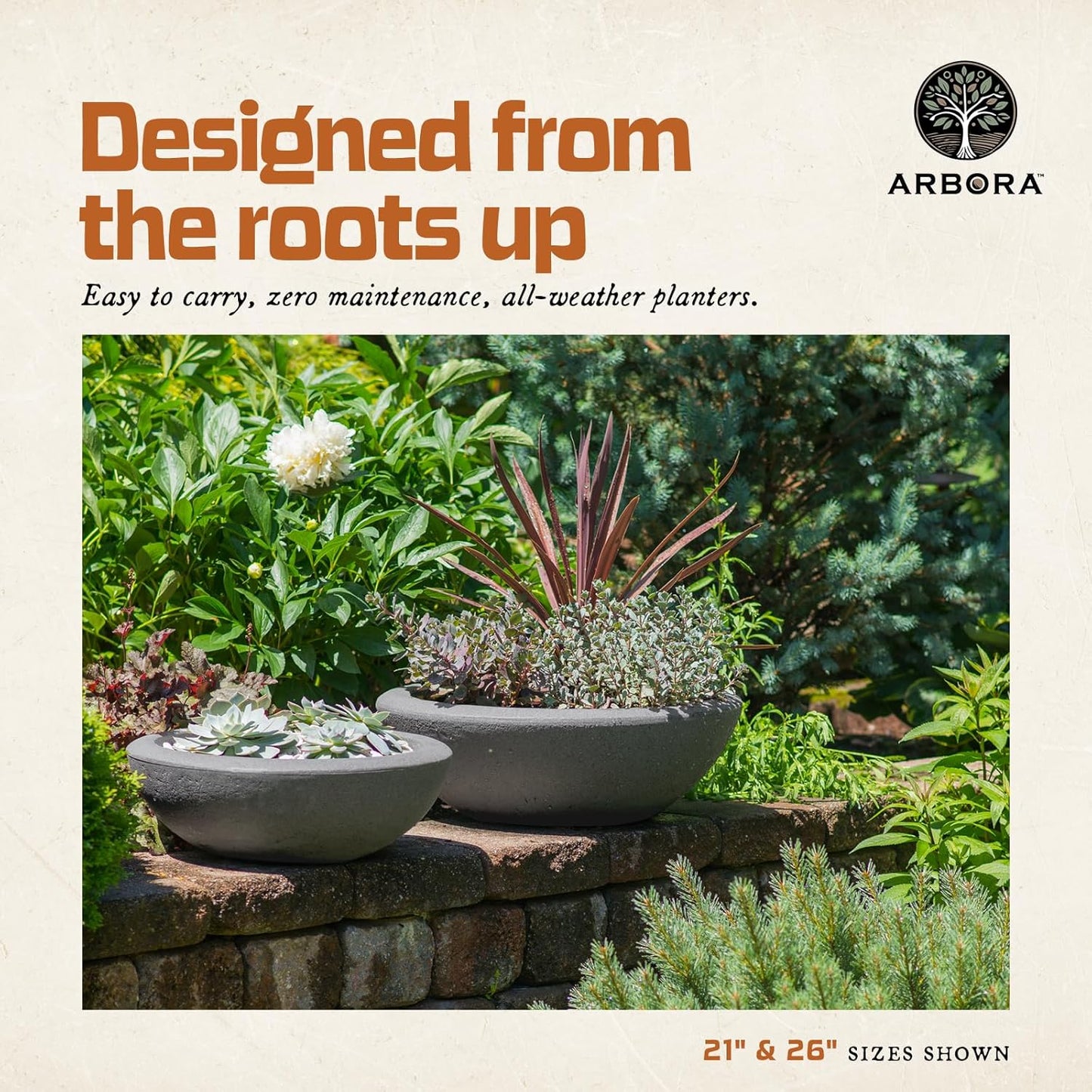 ARBORA 21" Santorini Bowl Polyresin Indoor and Outdoor Planter with Stone Blend Concrete Gray Finish - Durable, Weatherproof, Lightweight, Large Plant Pot for Patio, Garden, Deck, Entryway