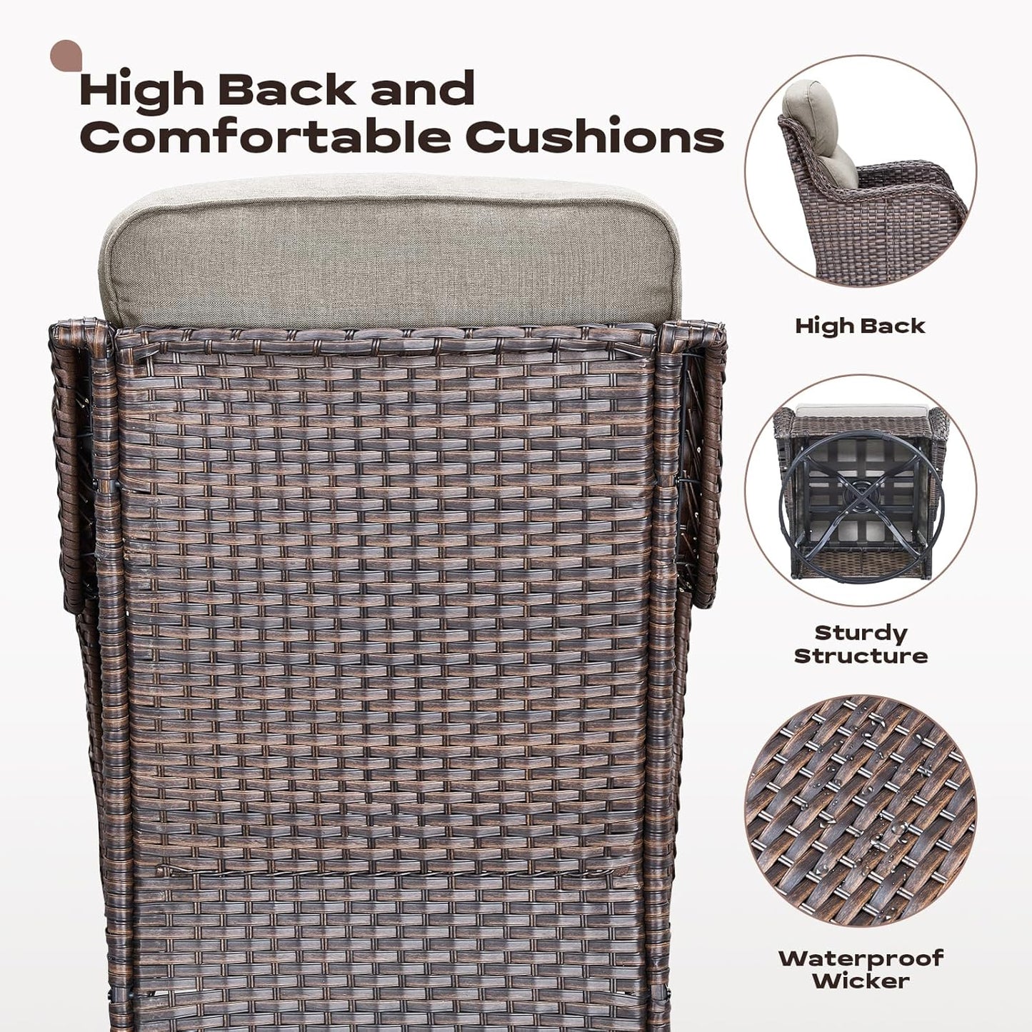 4 Piece Outdoor Patio Swivel Rocker Chairs, Waterproof Wicker, High Back, Deep Seating, Wide Armrest, Upgraded 6 inch Thick Cushions, Ideal for Deck Porch Backyard, Brown/Beige