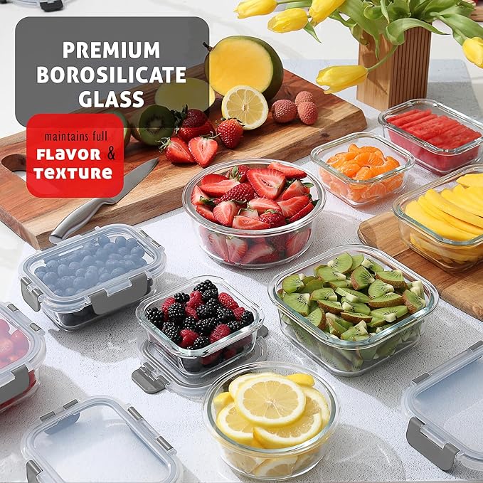 Nestl 24pc Glass Storage Containers with Lids, 12 Glass Food Storage Containers with 12 Airtight Lids for Pantry & Kitchen, Meal Prep Containers for Lunch, Oven Microwave & Dishwasher Safe, Cream