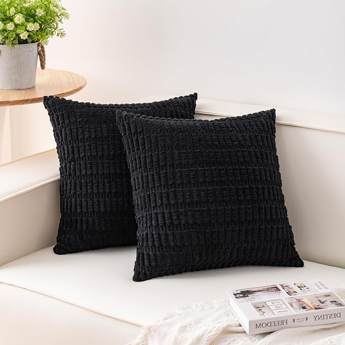 Aegero Pack of 2 Corduroy Decorative Throw Pillow Covers 24x24 InchSoft Striped Pillow Covers Modern Farmhouse Home Decor for Sofa Living Room Couch Bed（Black）