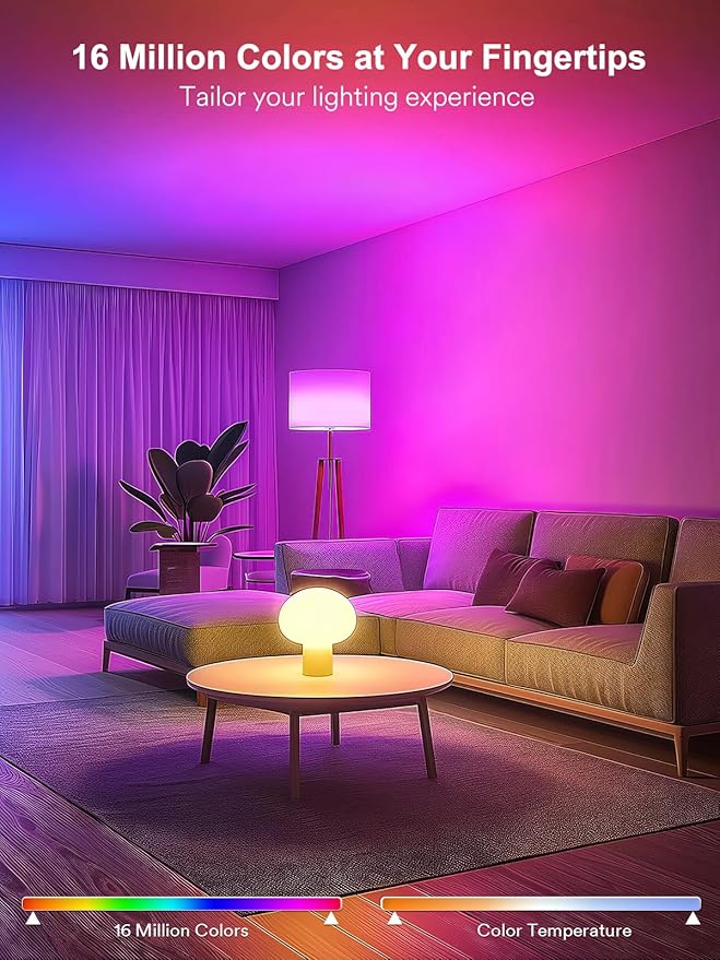 ANGELHALO Smart Light Bulbs, Color Changing A19 LED Light Bulb, Work with Alexa and Google Assistant, Wi-Fi & Bluetooth Light Bulbs, 16 Million Colors RGBCW, Music Sync, 800 Lumens, 2.4Ghz only,2 Pack