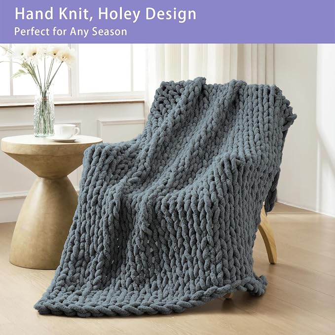 Bigacogo Chunky Knit Throw Blanket for Couch, 40x60 inches, 100% Hand Knitted with Thick Jumbo Chenille Yarn, Cozy Soft Large Rope Knot Cable Crochet Blankets for Sofa Bed Living Room, Iron Gray