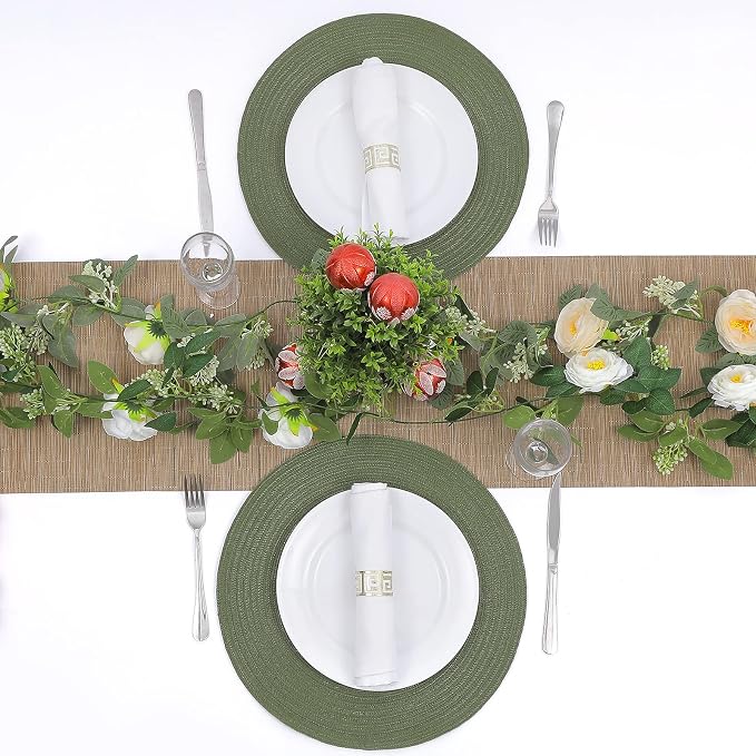 SHACOS Round Placemats Set of 6 Washable 15 inch Round Table Mats Cotton Polyester Woven Braided Place Mats for Dining Table (Olive Green, 6)