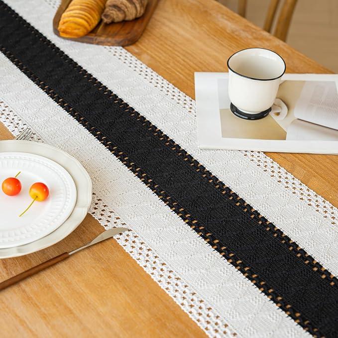 FEXIA Boho Table Runner for Summer Home Decor with Tassels 108 Inches Long Farmhouse Rustic Black Gothic Table Runner Macrame Gothic Burlap Table Decoration for Kitchen Living Room (12x108 Inches)