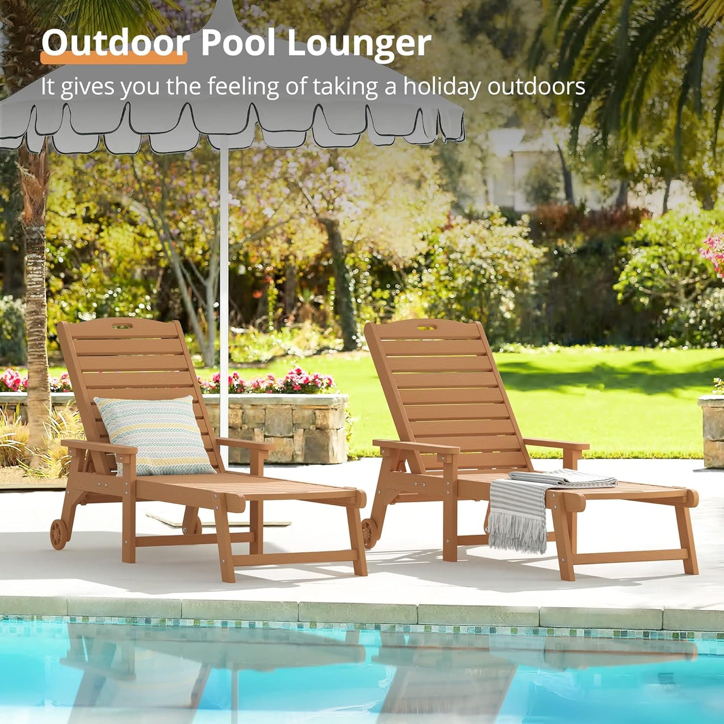 LUE BONA Outdoor Chaise Lounge Chairs Set of 4, HDPS Chaise Lounger, 5 Positions Adjustable Lounge Chairs, Pool Lounge Chair with Wheels for Poolside, 3 Year Warranty, Teak Color