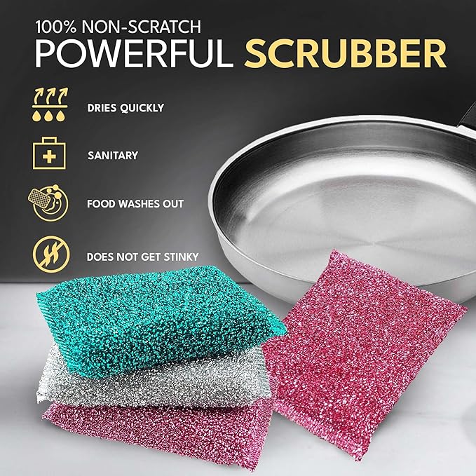 Dish Sponges for Kitchen (3 Pcs) Non-Scratch Scrub Sponges for Dishes, Pots, Pans, Glass, Stainless Steel & Nonstick Cookware–Odor-Resistant, Quick-Dry, Flexible, Durable & Reusable Cleaning Scrubbers