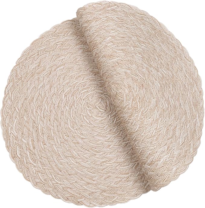 SHACOS Round Braided Placemats 15 inch Set of 4 Boho Woven Washable Kitchen Table Placemats for Home Wedding Party (T-Beige, 4)